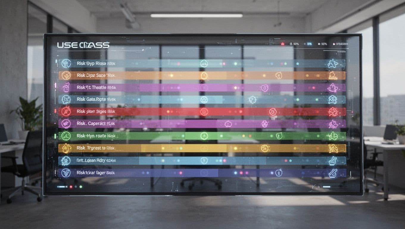Digital dashboard featuring an abstract AI approval matrix with color-coded rows for use cases, risk indicator icons, and approval status lights on a blurred modern office background in a sleek UI style.