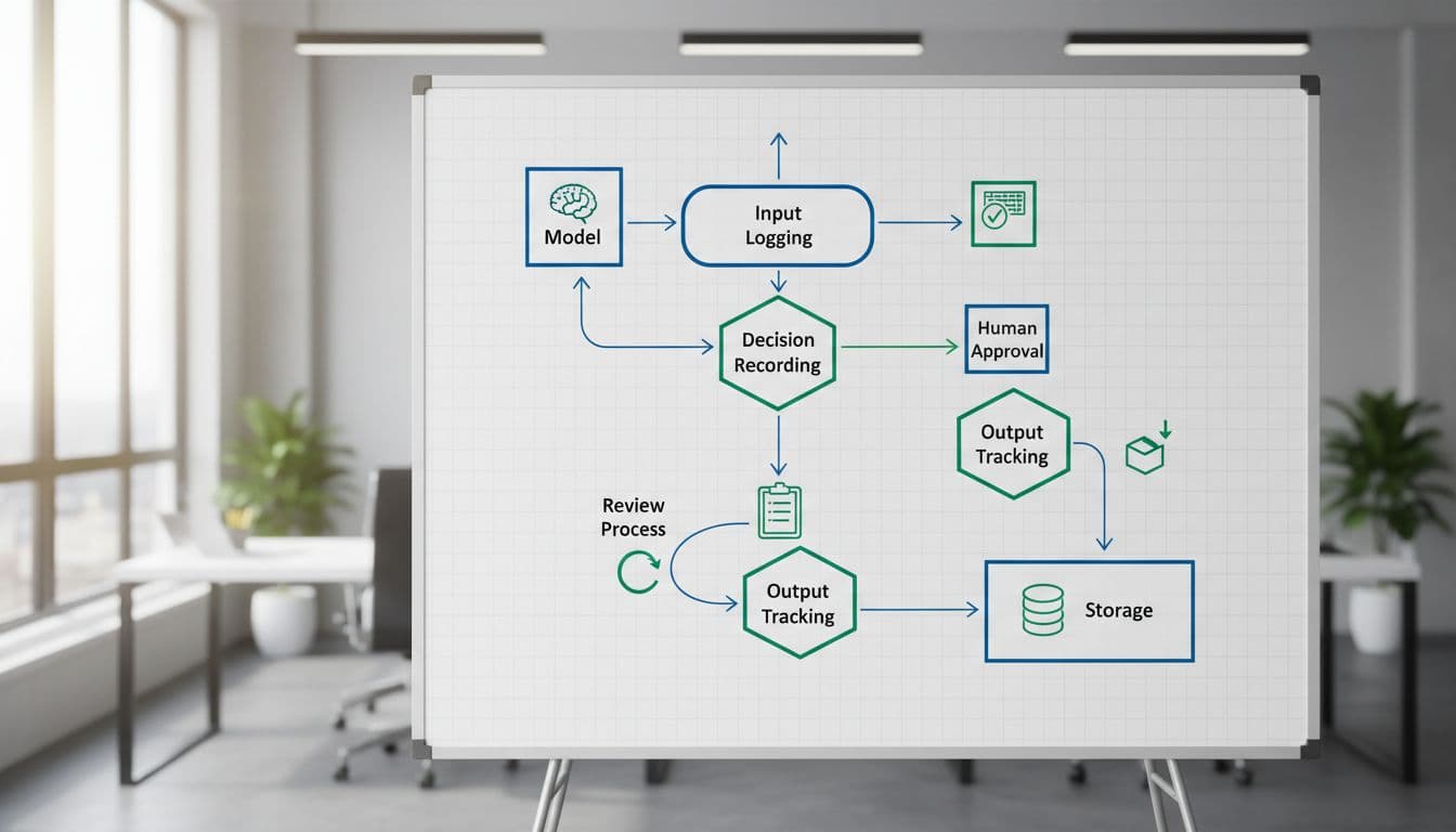 Isometric flowchart on office whiteboard with connected boxes, arrows, and icons for logging, decisions, tracking, and review.