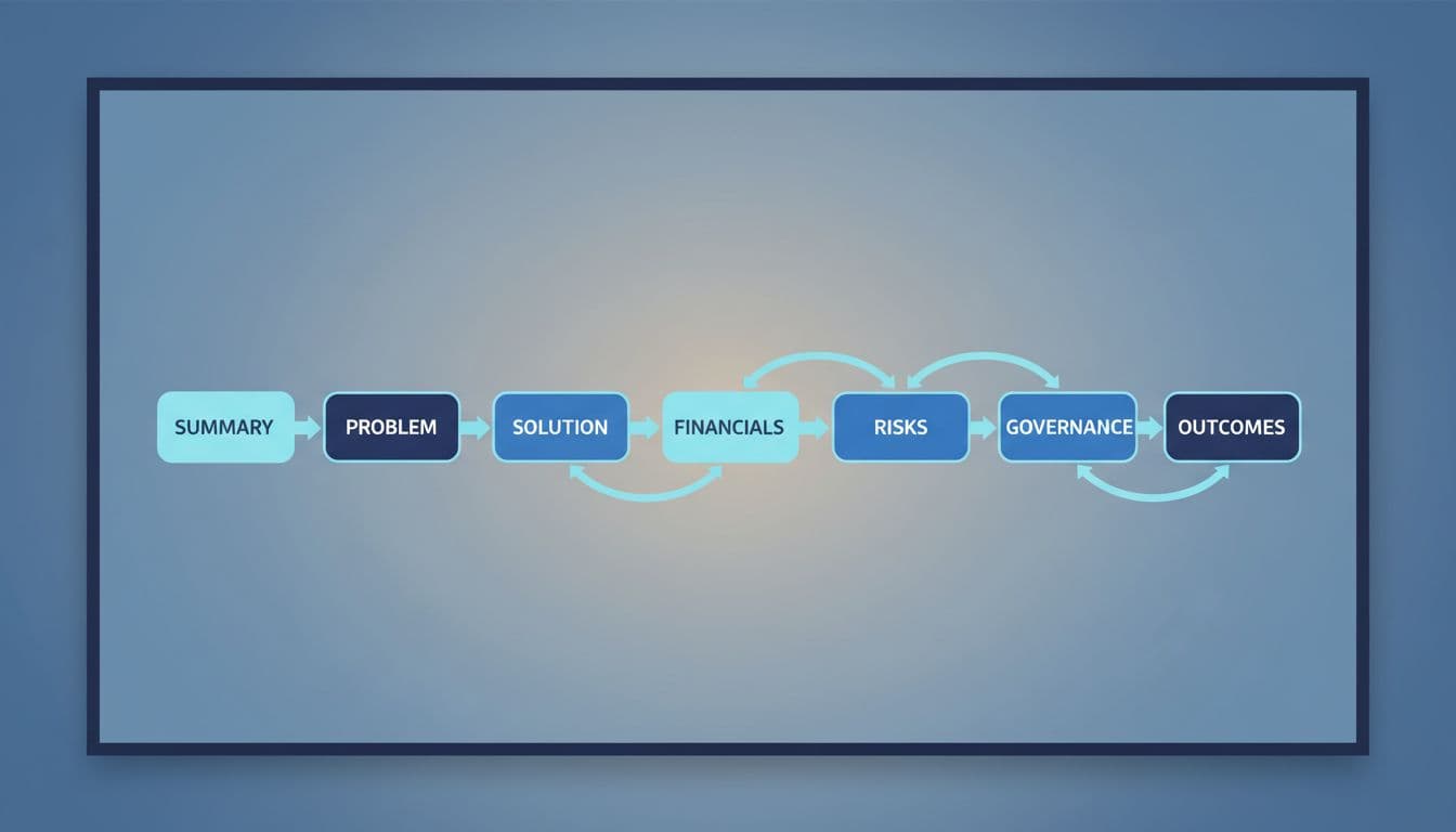 Simple flowchart on a digital screen showing AI business case template sections: summary, problem, solution, financials, risks, governance, outcomes, connected by arrows in a linear flow with modern flat design in blue tones.