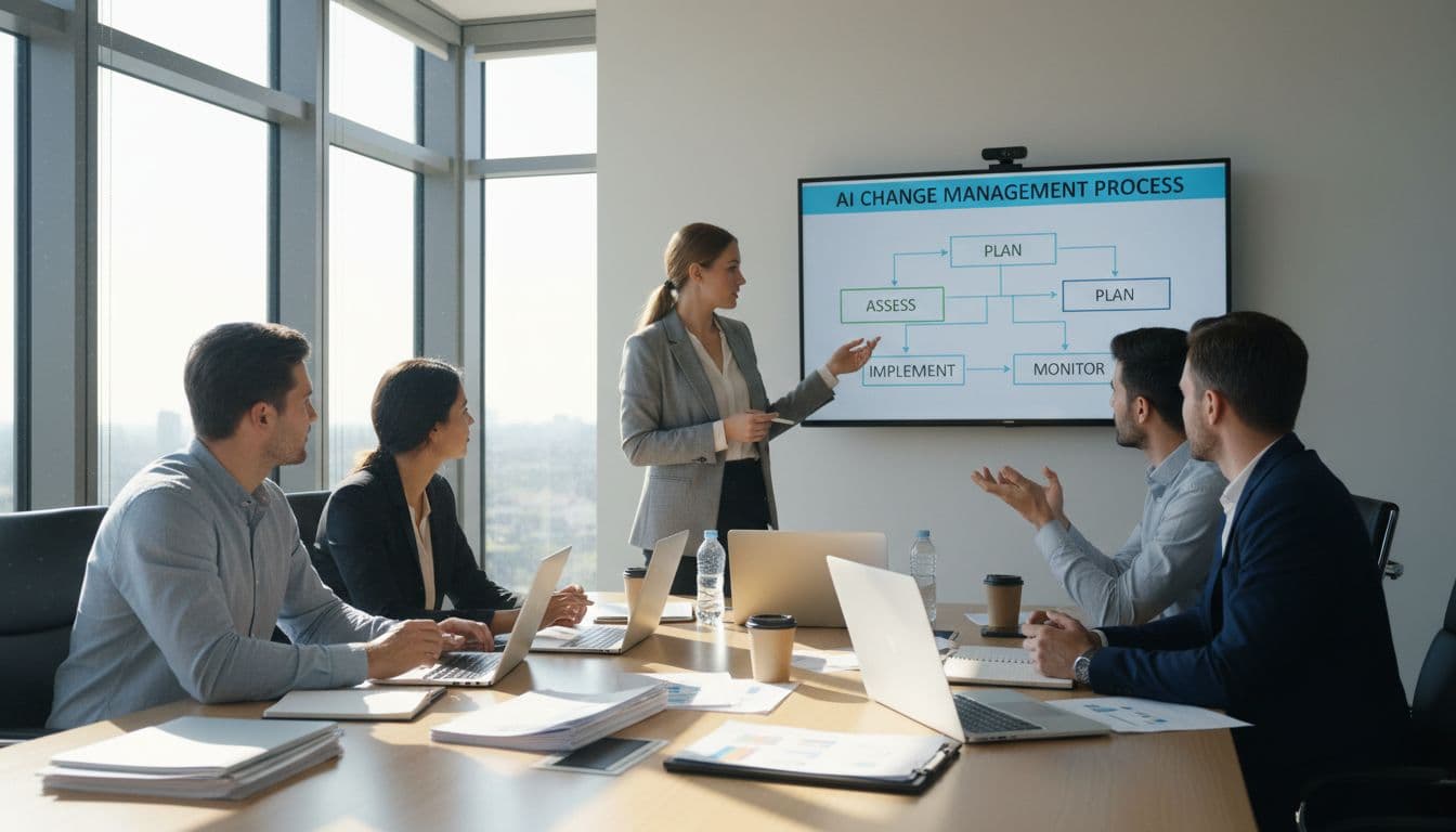 Diverse team of four business professionals collaborates in a modern conference room on change management, with one presenting an AI flowchart on a projected screen under bright natural light.