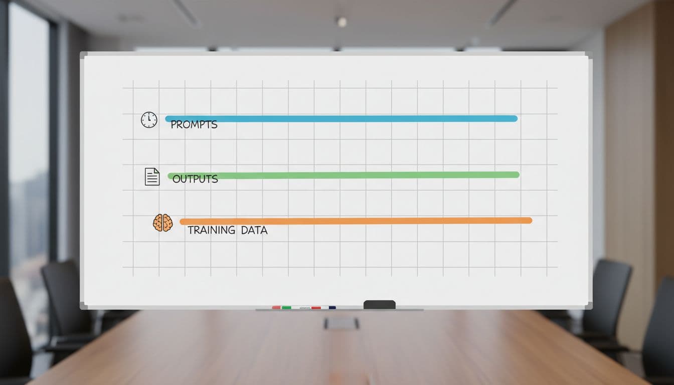 Visual timeline chart on a whiteboard in a conference room showing data retention periods for AI prompts, outputs, and training data with simple icons in a clean professional style and soft office lighting.