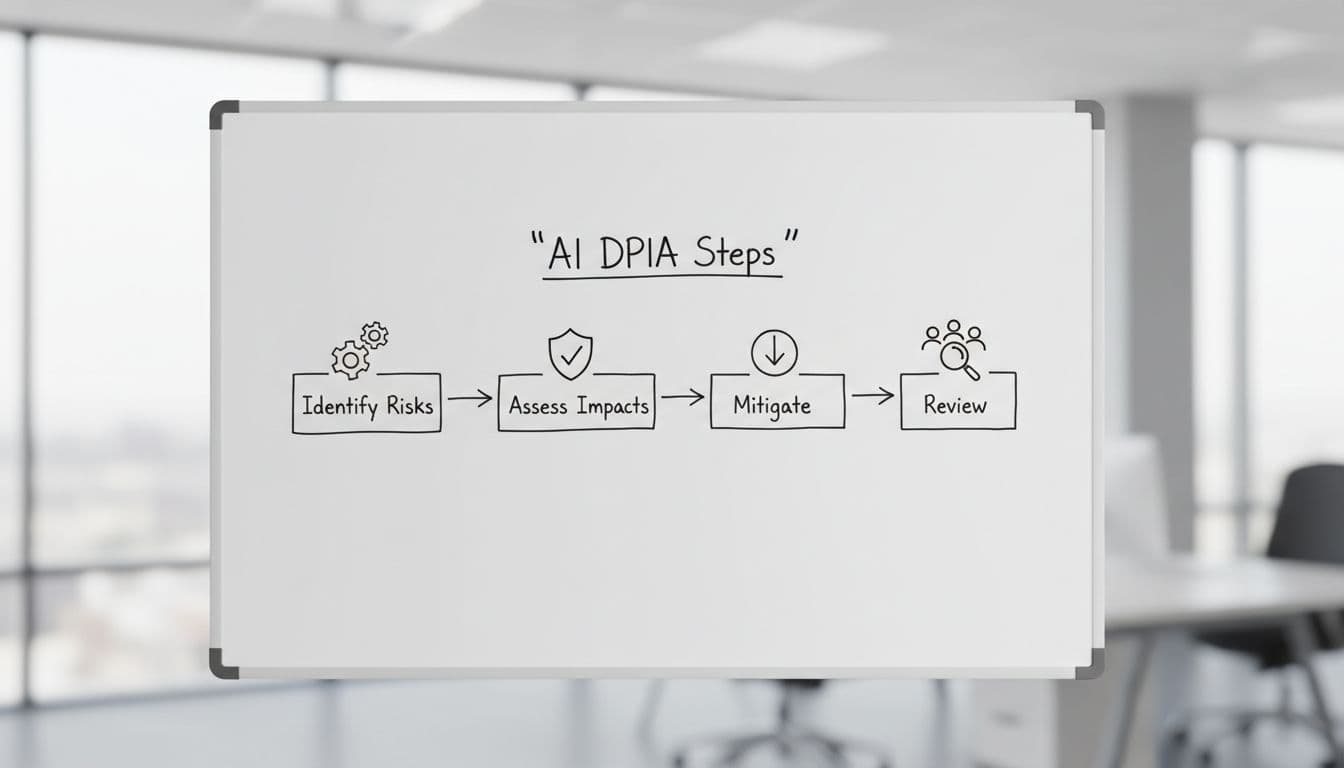 Visual flowchart diagram on a whiteboard in an office setting, illustrating AI DPIA process steps: identify risks, assess impacts, mitigate, review. Simple icons like gears for risks, shield for security, people for oversight in clean, minimalist style.
