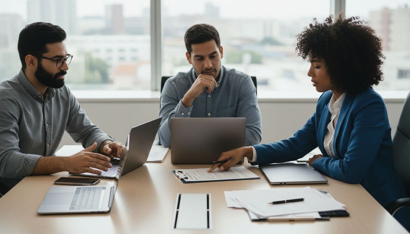 A diverse team of three professionals sits around a conference table in a modern office, reviewing documents and laptops for an AI privacy assessment, with one pointing to a paper checklist.