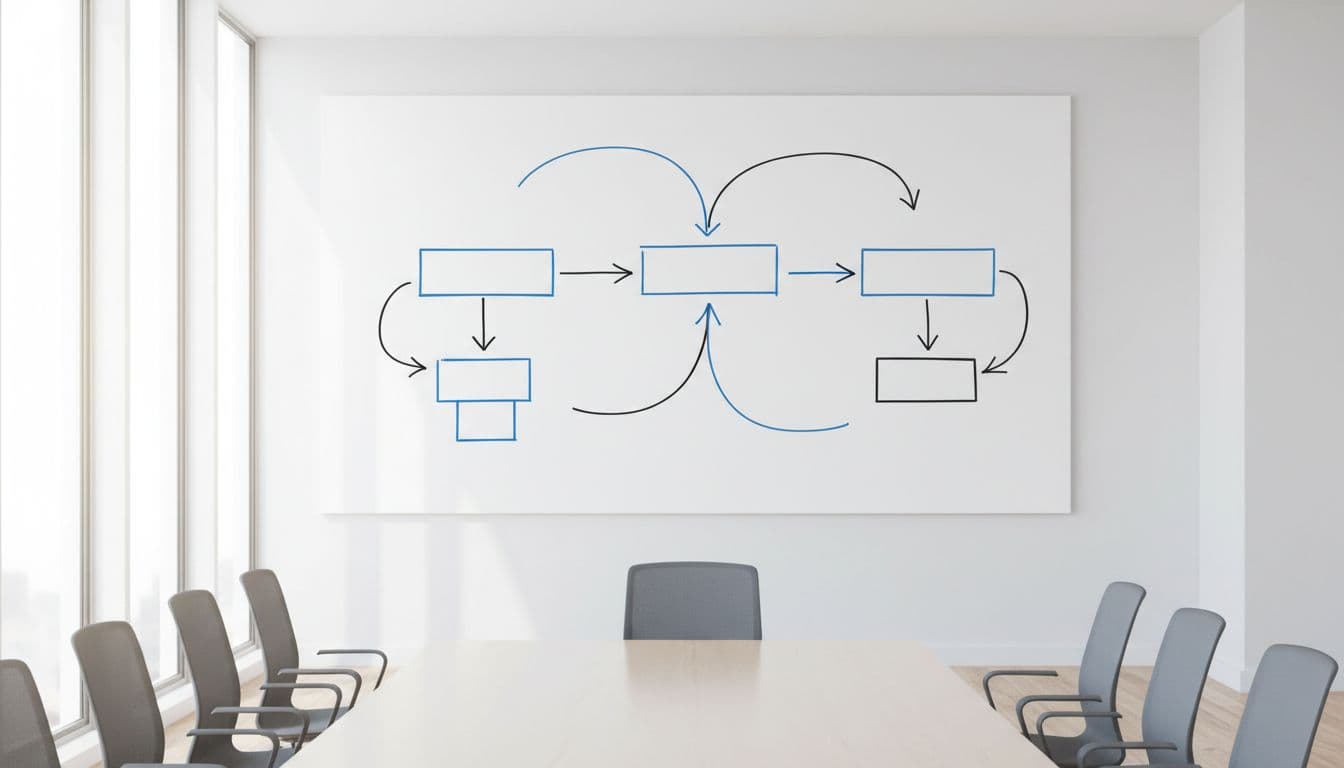 A clean, simple line drawing of a governance framework flowchart on a whiteboard in an empty boardroom with natural light, featuring arrows connecting boxes for oversight, risk management, and roles, in a professional infographic style without text labels or extra elements.