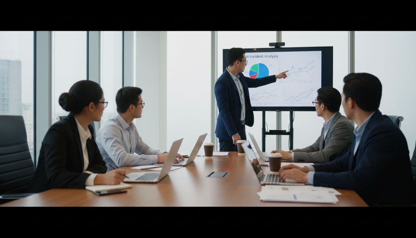 A team of exactly five professionals in a modern conference room reviews an AI incident on laptops and a shared screen showing charts, with one person pointing and others taking notes under natural daylight.