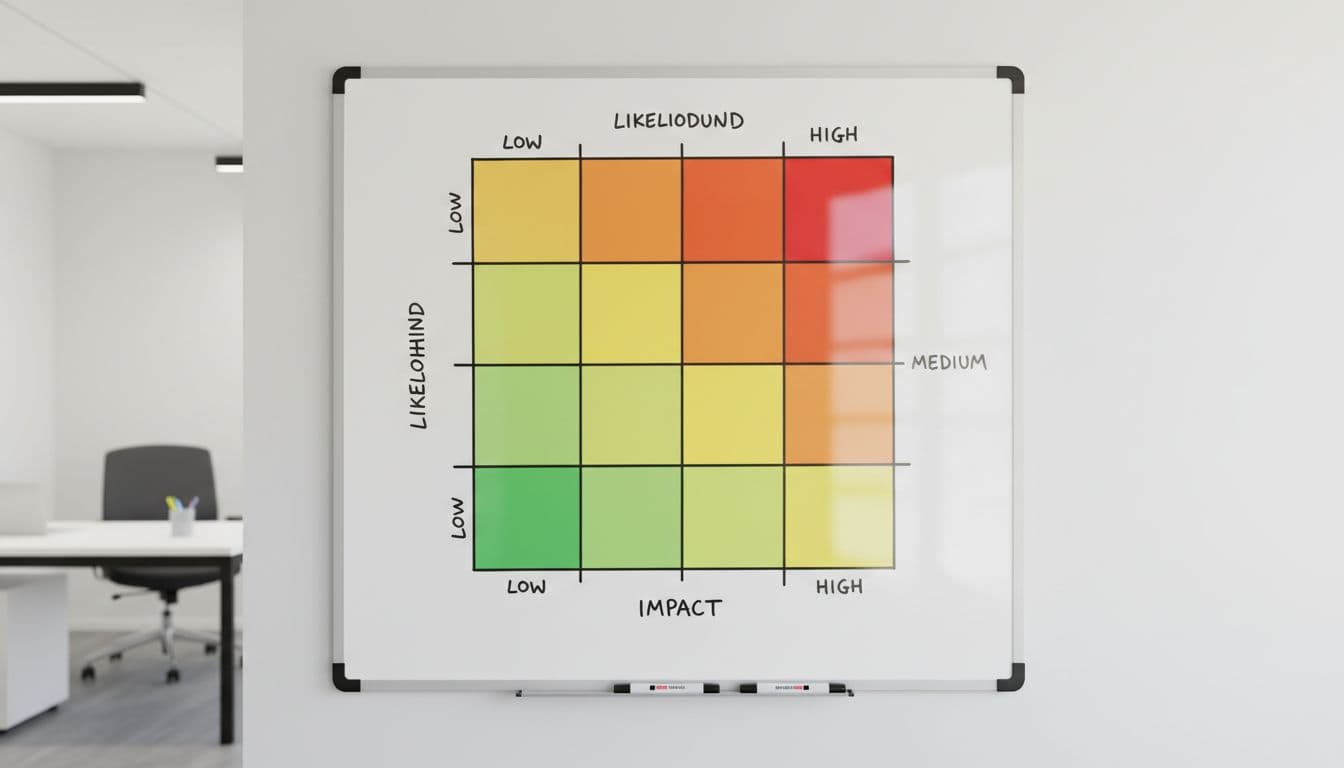 Realistic photo of a clean, professional whiteboard in an office setting displaying a simple severity matrix chart for AI incidents, with low-medium-high axes and color-coded green-yellow-orange-red quadrants, no readable text.