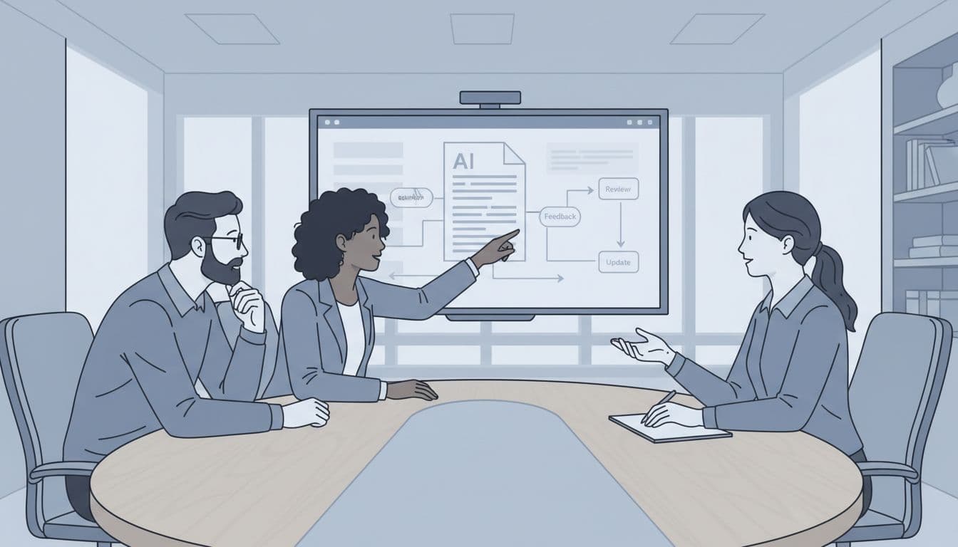 Professional illustration of a cross-functional team of three diverse professionals reviewing an AI inventory document on a shared screen during a meeting, with workflow diagram elements showing review cadence and updates in clean minimal blue-gray enterprise style.
