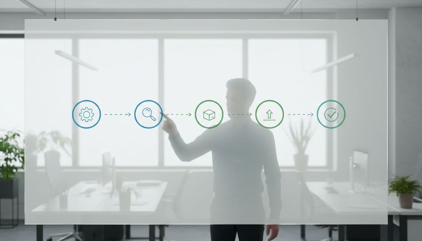 Clean infographic-style timeline on a whiteboard in an office setting showing milestones for AI training plan including planning, assessment, delivery, and evaluation, with simple icons, one person pointing, soft lighting, minimalistic modern realistic photo.