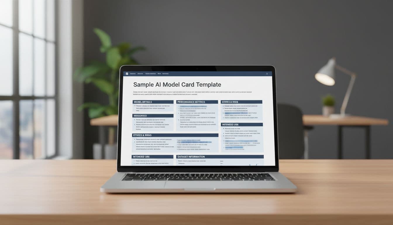 Clean professional layout of an AI model card template displayed on a laptop screen on a modern office desk, with blurred sections like model details, performance, and ethics under natural daylight lighting.
