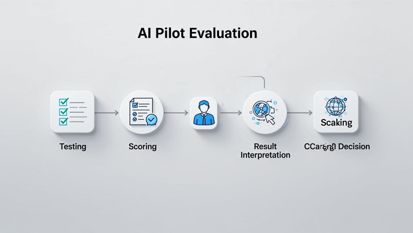 Icon-based flowchart shows steps from testing to scaling decision with checklist, review, scoring, and interpretation icons on neutral background.
