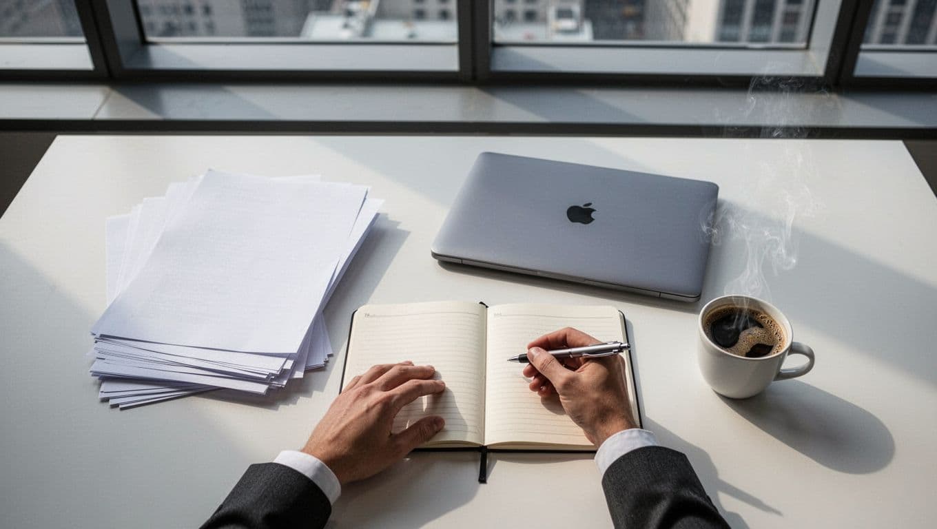 Organized corporate desk with a stack of printed documents representing an AI policy template, open notebook with pen, closed laptop nearby, coffee cup, modern office window light, top-down composition, photorealistic style, no people present, no visible text on papers, no logos, no watermarks.