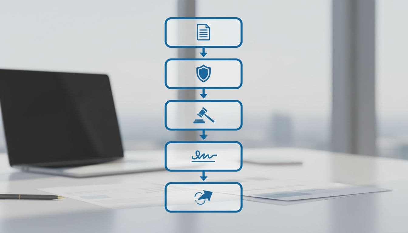 Simple vertical flowchart diagram illustrating five steps in AI procurement approval: submit request, security review, legal check, executive approval, and deploy, using professional icons in blue and gray on a light office background.