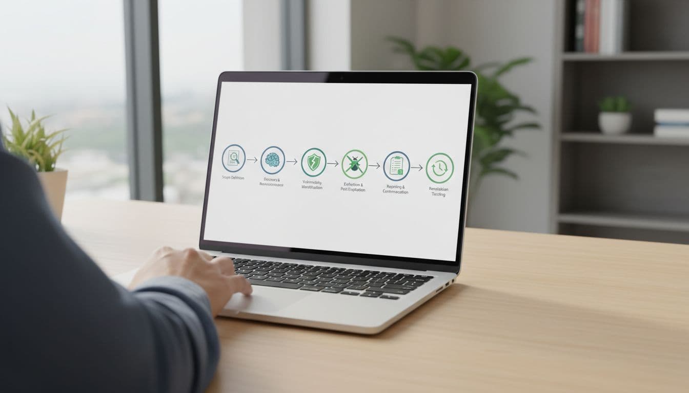 Realistic photo of a simple flowchart diagram on a laptop screen in an office desk setting, illustrating AI red teaming steps from scope definition to remediation tracking using icons and arrows, with natural light and a partially visible person.
