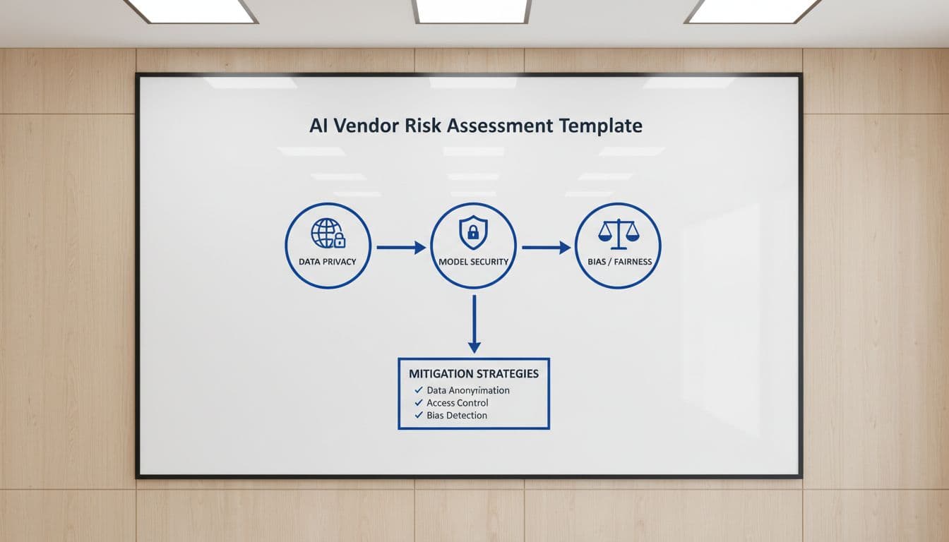 A visual flowchart on a whiteboard in a boardroom depicts key AI risk areas including data privacy, model security, and bias, connected by arrows with simple icons like a globe for privacy, lock for security, and scales for fairness. Clean professional vector-like illustration with bright office lighting, no people or text.
