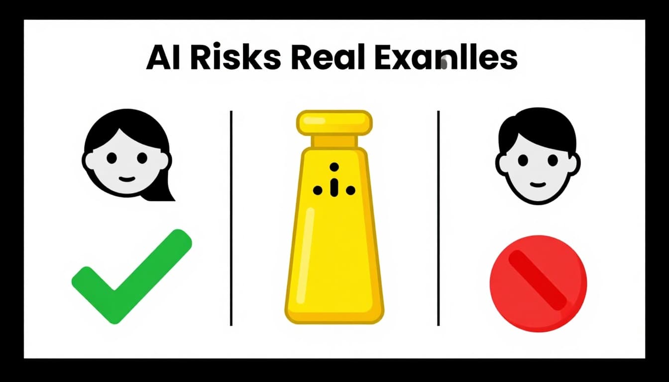 Simple flat vector icons illustrating low, medium, and high AI risk levels: green checkmark with chatbot, yellow caution with data analysis tool, and red stop with facial recognition system, arranged in three columns on a clean white background.