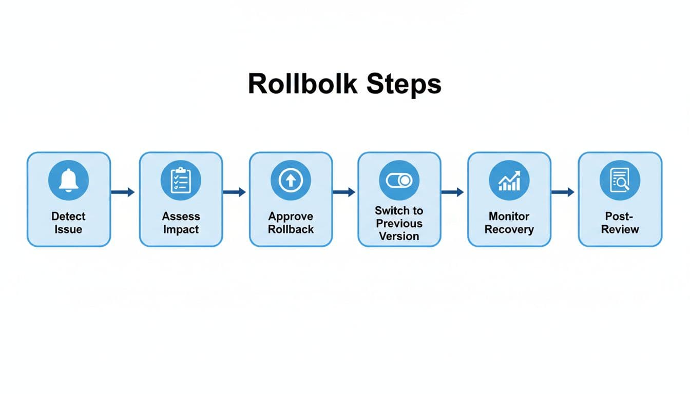 Flowchart on white background shows rollback steps with icons: alert bell, checklist, toggle, graph, report.