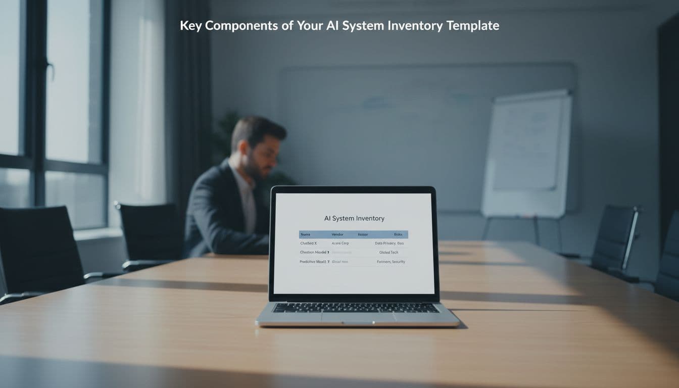 Clean modern enterprise governance visual of a dashboard-style AI system inventory table on a laptop screen in a professional office meeting room, featuring columns like name, vendor, and risks.