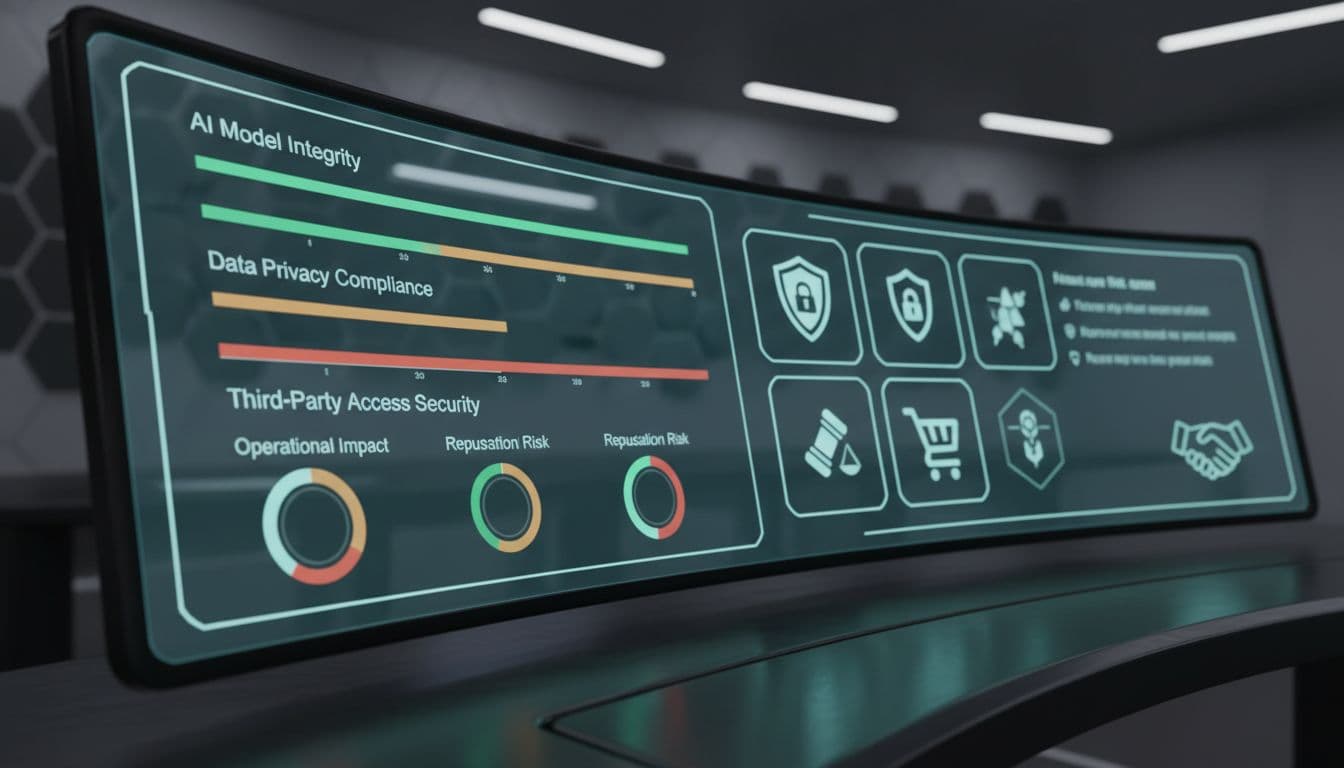 Close-up of a shared digital dashboard on a large screen displaying AI vendor risk scores in green, medium, and red bar charts, with procurement security and legal icons in a modern control room setting.