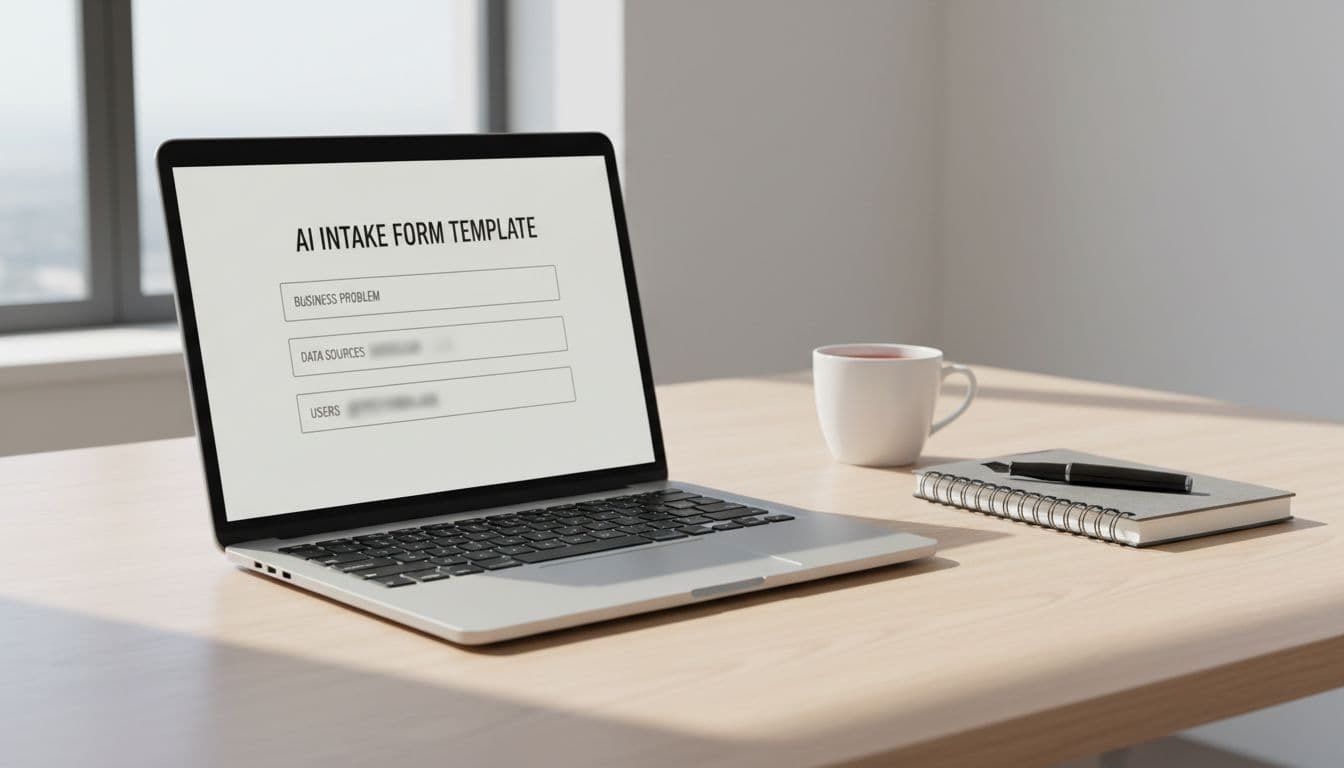 Professional office desk setup with an open laptop displaying a blurred blank AI intake form template featuring outlined fields like business problem, data sources, and users. Accompanied by a notebook, coffee mug, and pen in bright natural daylight, clean modern style.
