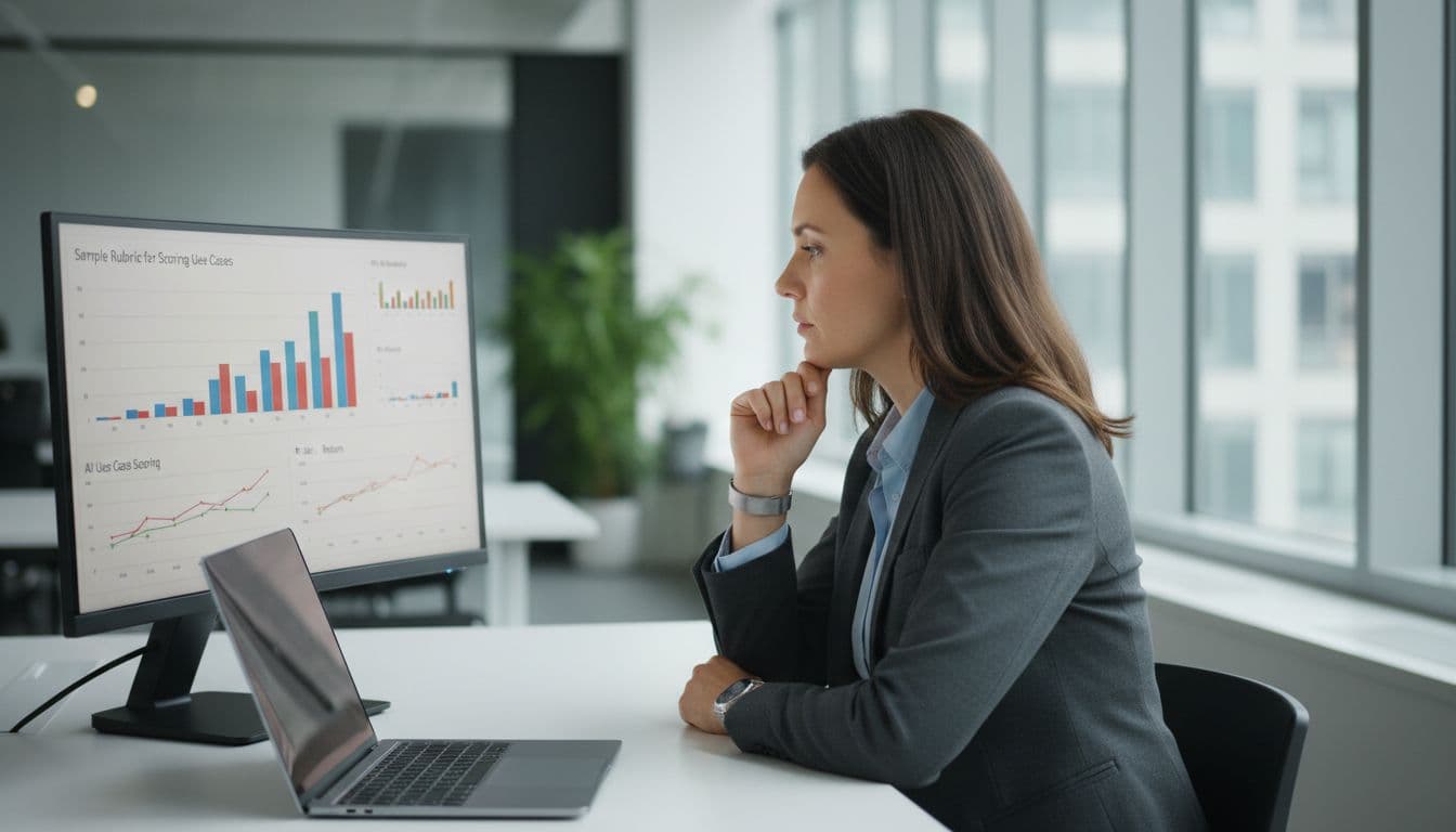 Business analyst in modern office examines colorful charts on large monitor, chin on hand, laptop nearby.