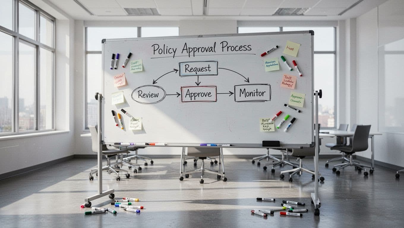 Simple flowchart on a whiteboard in an empty conference room depicts the policy approval process steps: request, review, approve, monitor. Bright lighting illuminates markers and notes nearby in an illustrative style.