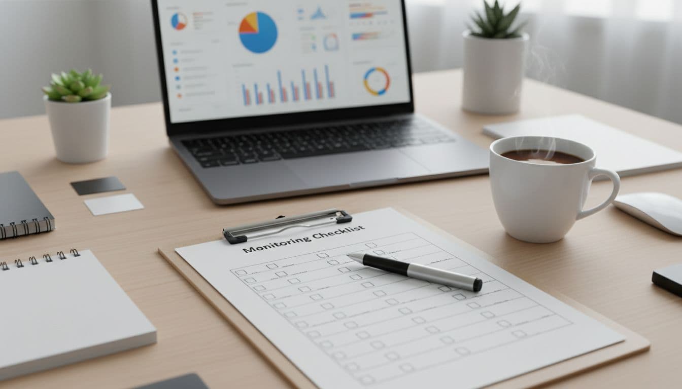 Top-down photorealistic view of a professional workspace with checklist document, pen, blurred laptop dashboard, coffee mug, soft lighting, focused on organized monitoring tools, no people or readable text.