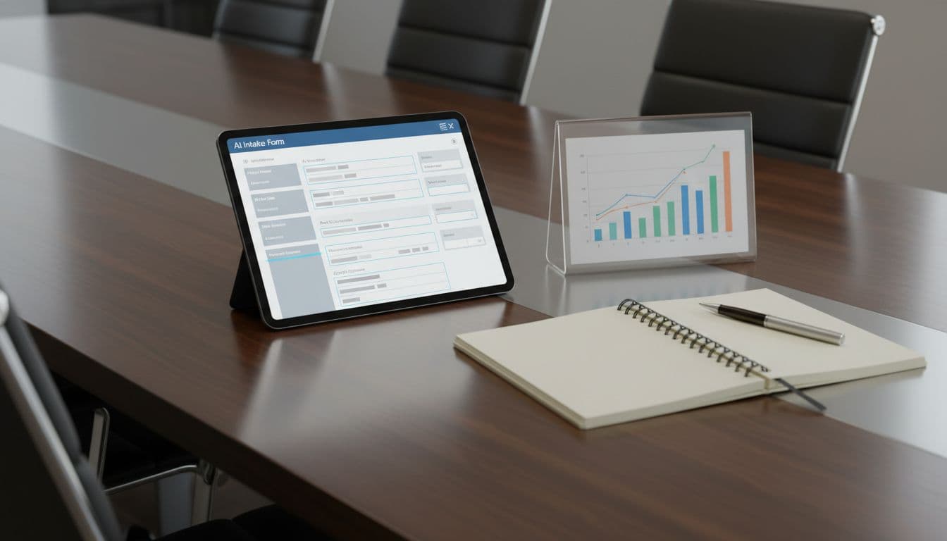Modern conference table with a tablet displaying a filled AI intake form example, highlighted fields, business charts, and notepad beside it under soft office lighting.