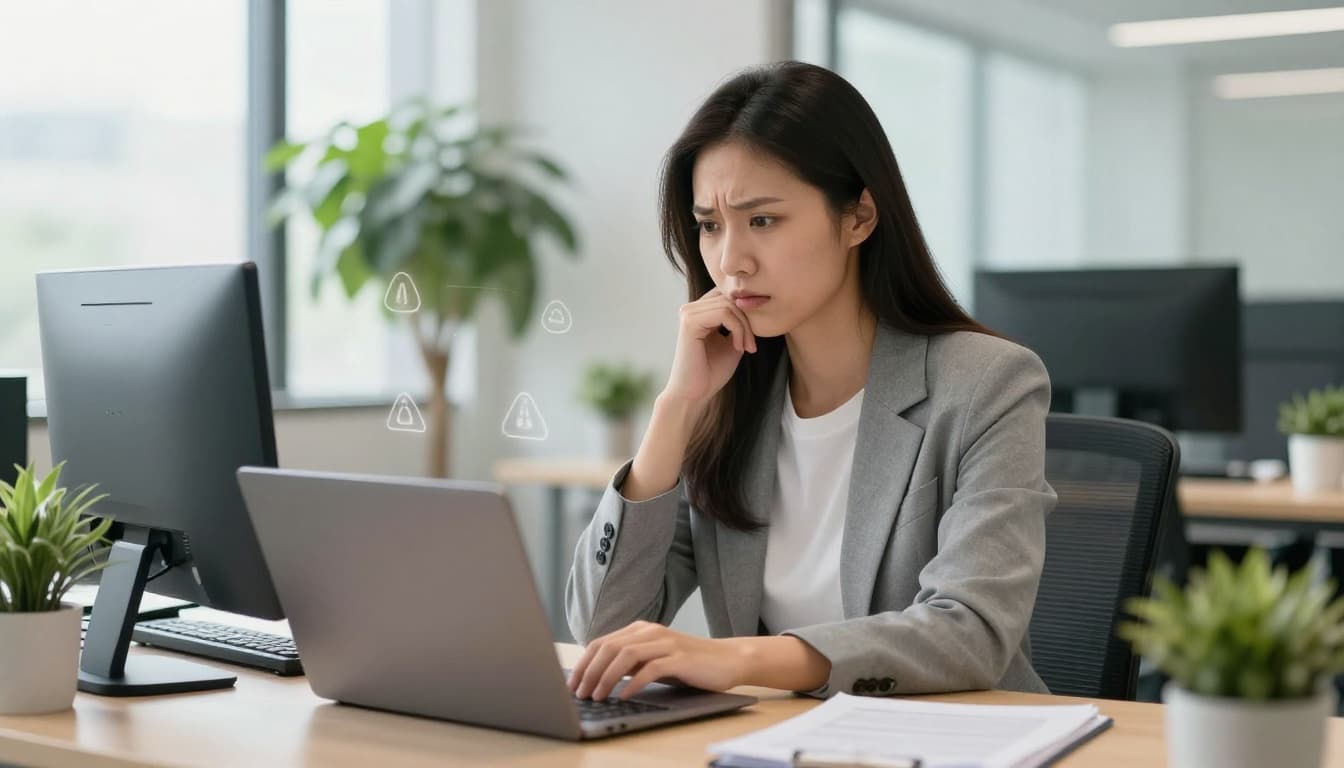 Professional office worker at desk looking concerned while typing on laptop, subtle warning icons floating near screen for data privacy breach and AI bias, modern open office background with plants and natural window light.
