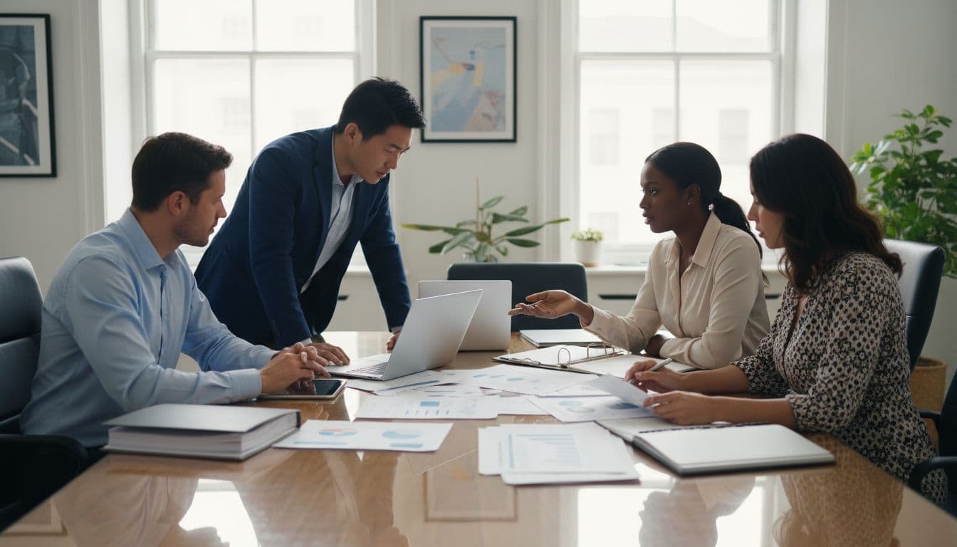 Four diverse professionals (two men, two women, various ethnicities) seated around a conference table in a modern office, focused on reviewing AI vendor documents and checklists using laptops and printed papers, with natural daylight and soft lighting.