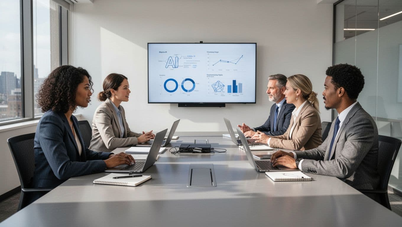A diverse group of five professionals from HR, marketing, and operations sits around a table in a modern conference room, laptops and notebooks open, discussing AI concepts on a shared screen with simple charts, in a collaborative atmosphere with natural daylight.