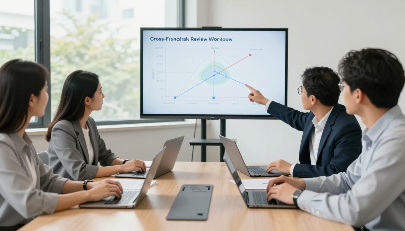 Professional team of five diverse adults in a modern conference room, seated around a table with laptops and papers, discussing AI risks as one points to a shared screen showing a risk matrix chart, natural daylight, realistic style.
