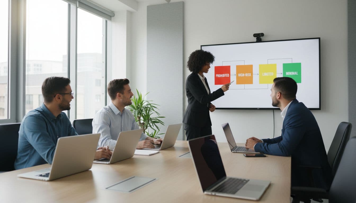 Four diverse professionals collaborate in a modern conference room around a table with laptops, as one points to a screen displaying AI risk categories: prohibited, high-risk, limited, and minimal.