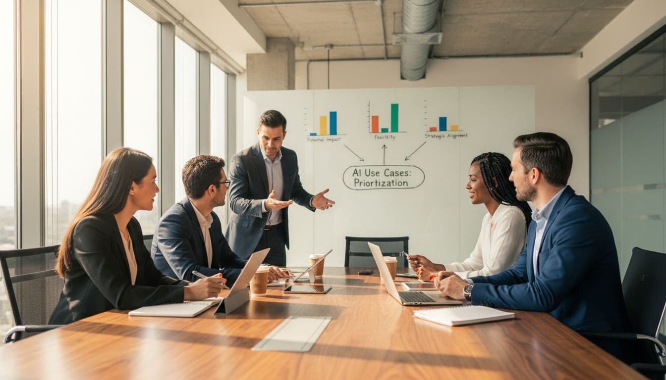 Five professionals around conference table with laptops and whiteboard charts, engaged in discussion.
