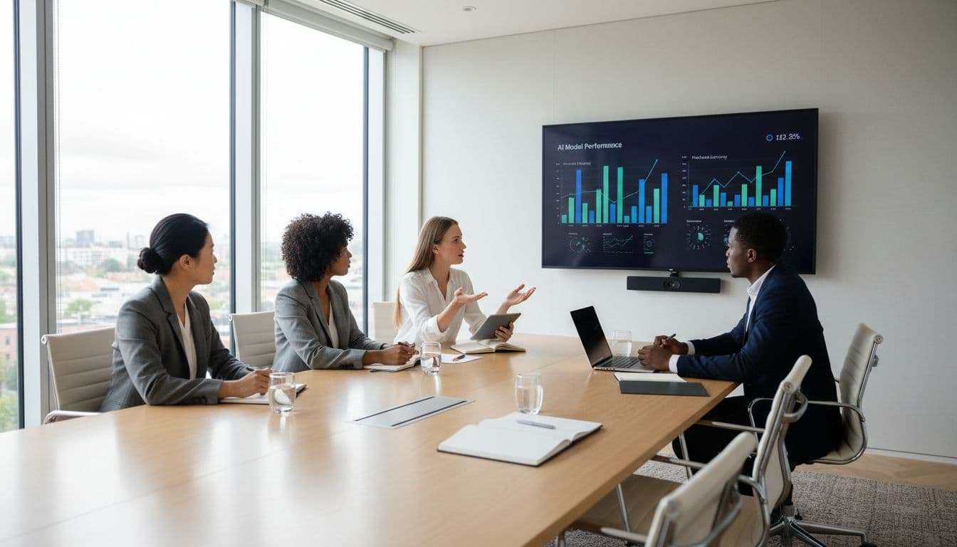 In a modern office conference room, four diverse professionals (two women, two men) seated around a table collaboratively review AI performance charts on a wall screen, with one woman pointing attentively while others discuss with notebooks.
