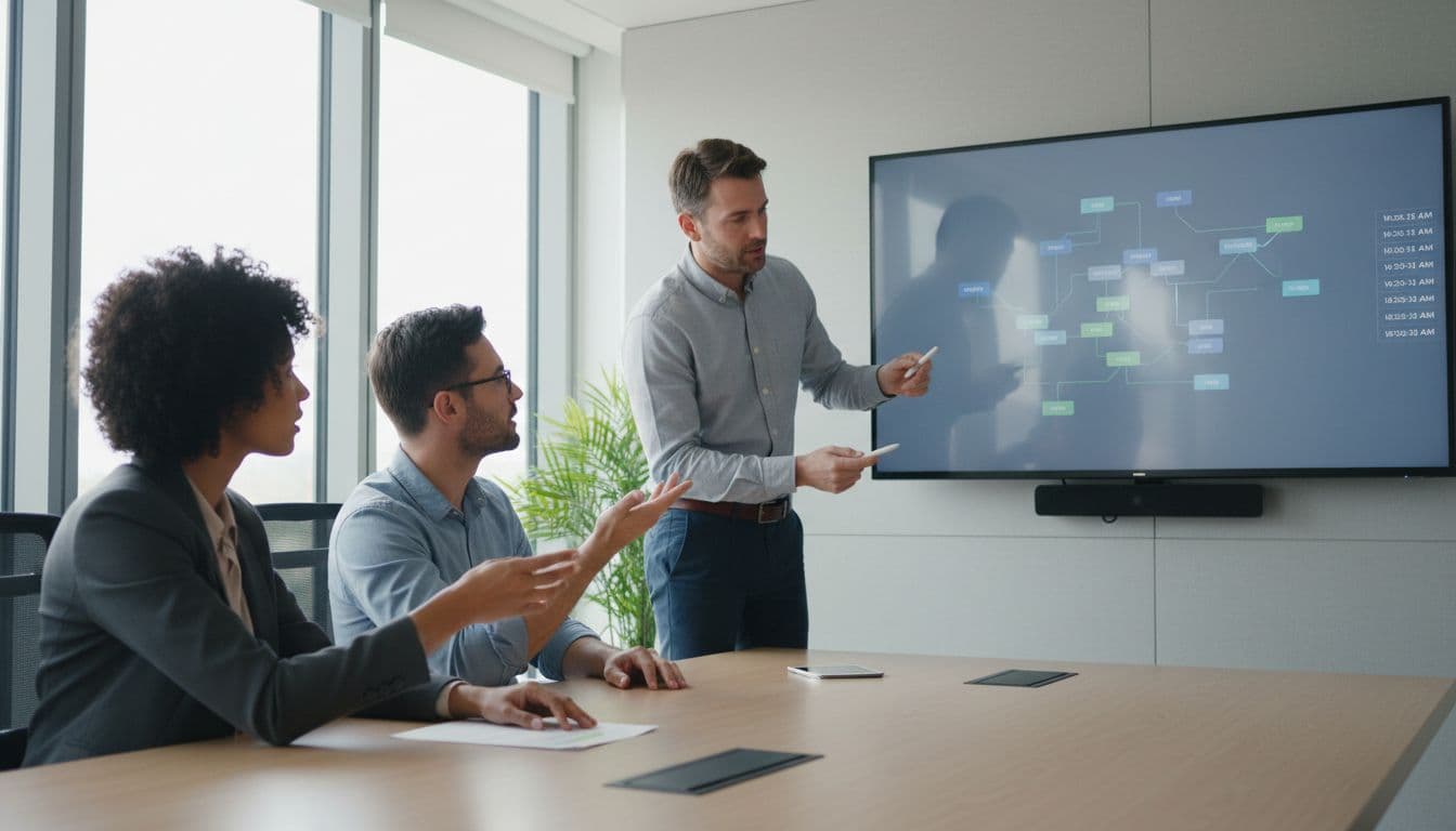 Three professionals review abstract data charts and timestamps on a large shared monitor in a modern conference room.