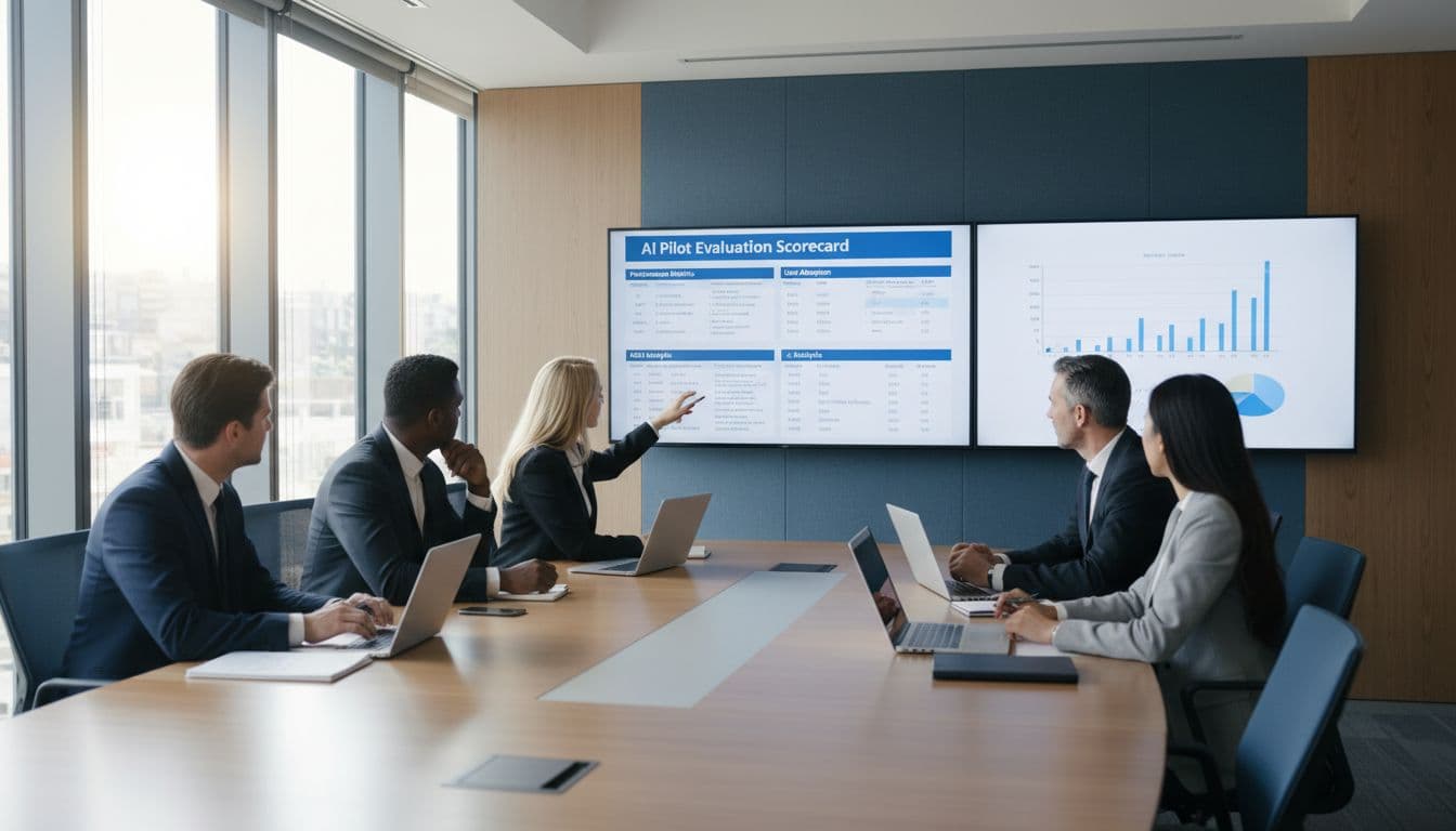 Five diverse professionals seated around conference table with laptops review simple charts and graphs on large screen.