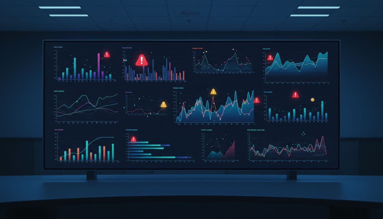 Enterprise dashboard on a large computer monitor in a control room displays charts, graphs, and alerts tracking AI model performance. Landscape view with dim professional lighting and abstract metrics, no readable text or numbers.