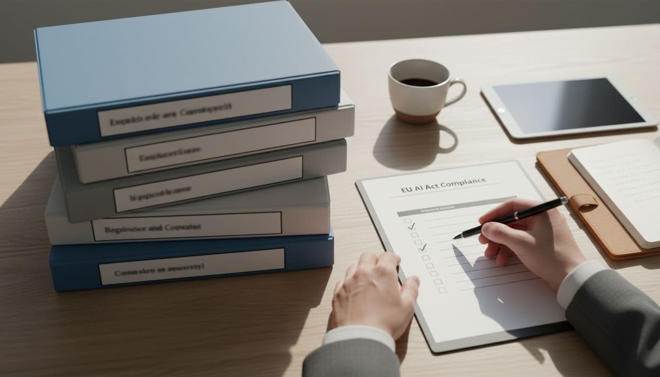 Top-down view of a professional workspace desk with organized compliance documents, partially filled checklist with pen checkmarks, notebook, coffee cup, and tablet under soft natural light. Exactly two hands hold a pen relaxedly, no readable text, people, logos, or watermarks visible.
