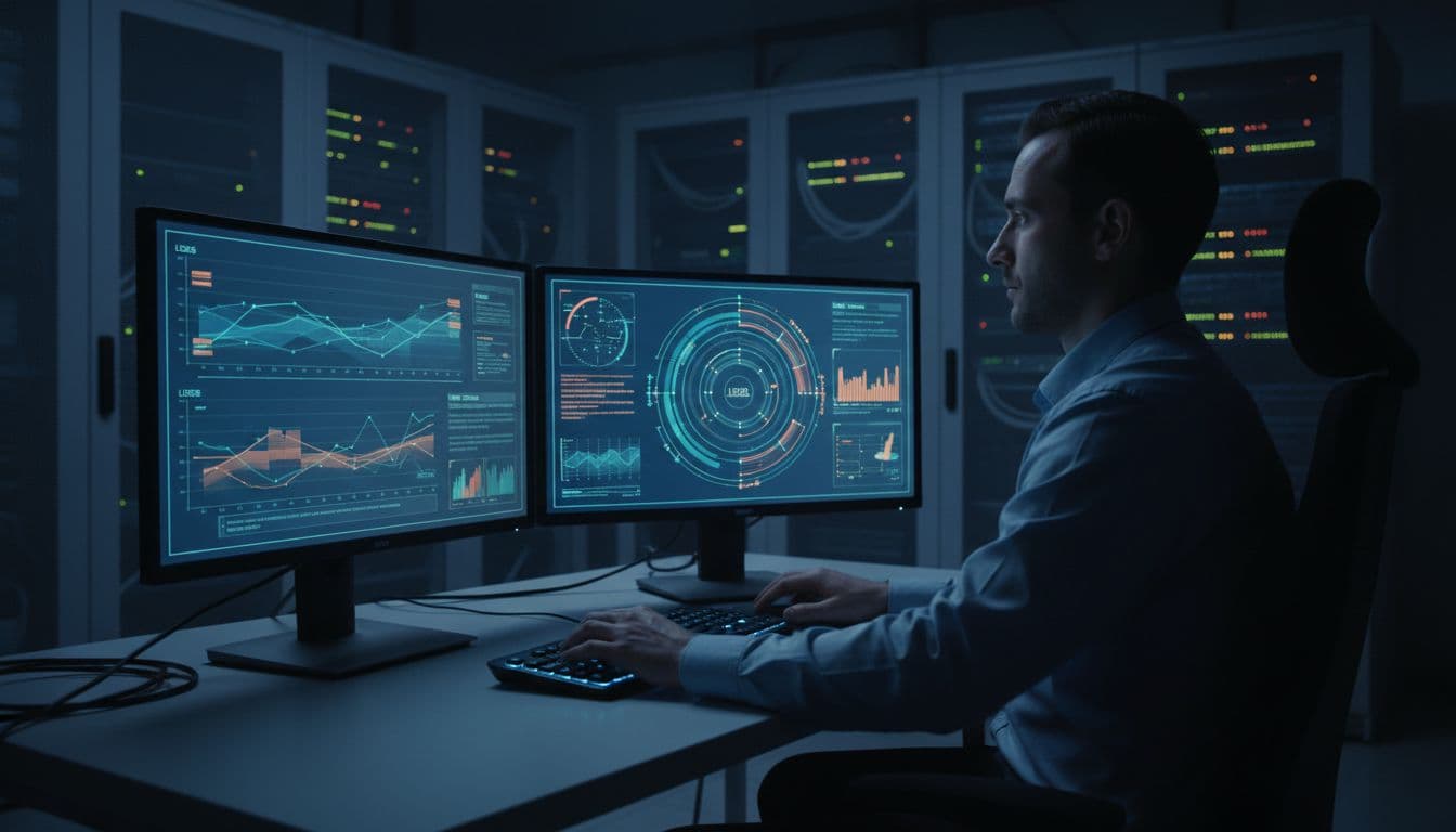 IT admin monitoring AI data flows on dual computer screens in a secure server room, graphs showing logs and retention timers, focused atmosphere with dim lighting and screen glow, realistic style.