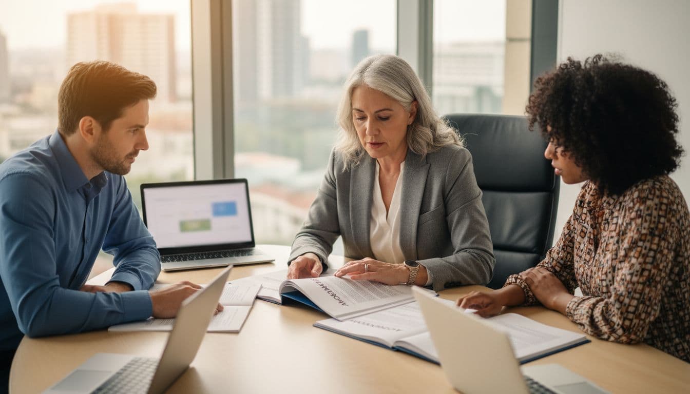 A senior executive and two colleagues at a conference table in a modern office review printed AI governance charter documents, with open laptops (screens blurred) and natural daylight from windows, engaged in focused discussion.