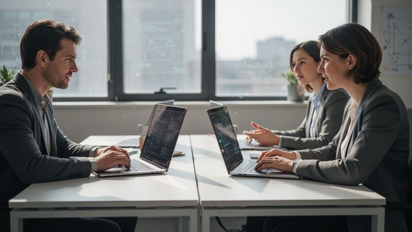 Two employees at adjacent desks in a modern office use laptops with subtle AI chat interfaces visible on screens, engaged in collaborative discussion under bright natural window light.