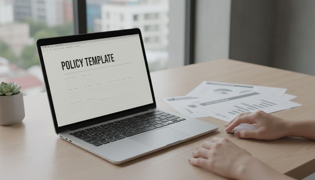 Clean office desk with laptop open to policy template, nearby papers showing AI access charts, hands resting on desk, natural window light.