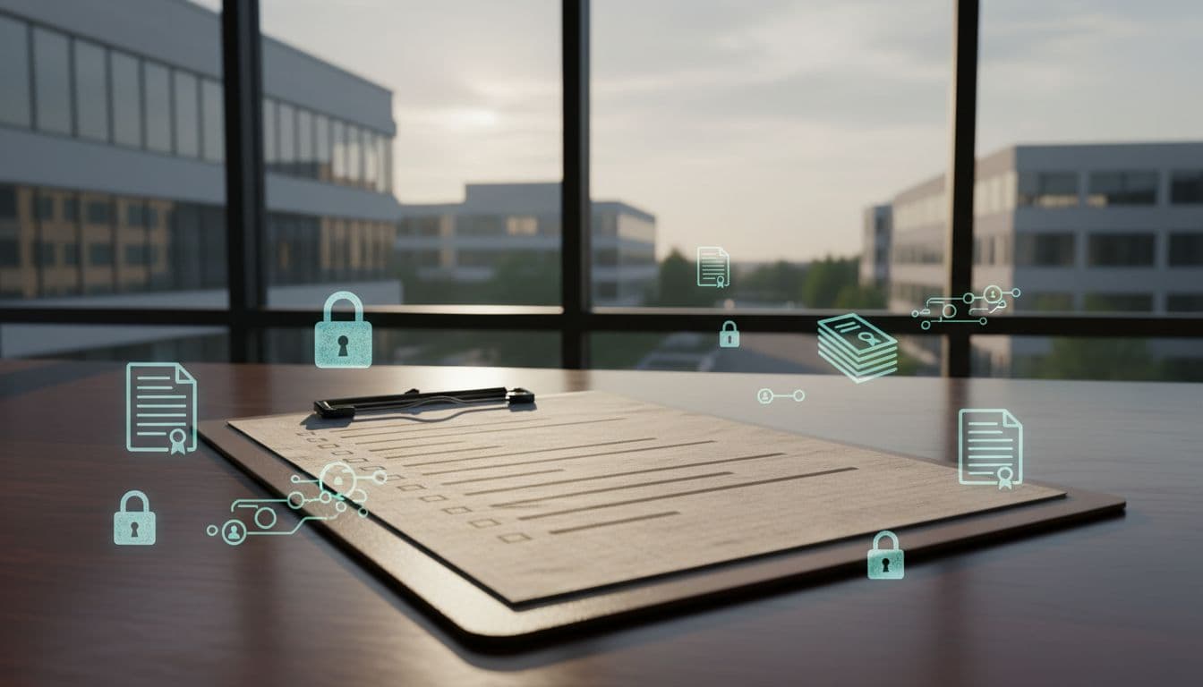 Detailed checklist on a clipboard resting on a wooden executive desk, surrounded by subtle icons of locks, documents, and data flows representing RAG governance, with a modern corporate office window in the background under warm natural lighting.