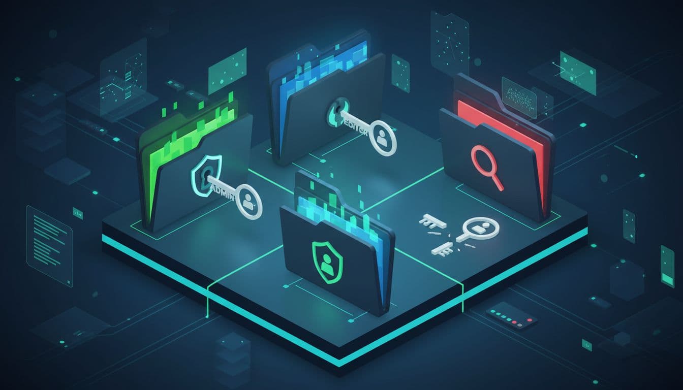 Isometric illustration of role-based access control in an enterprise RAG system, featuring three locked data folders with user keys granting specific access in a secure vault environment, dim lighting with green highlights.