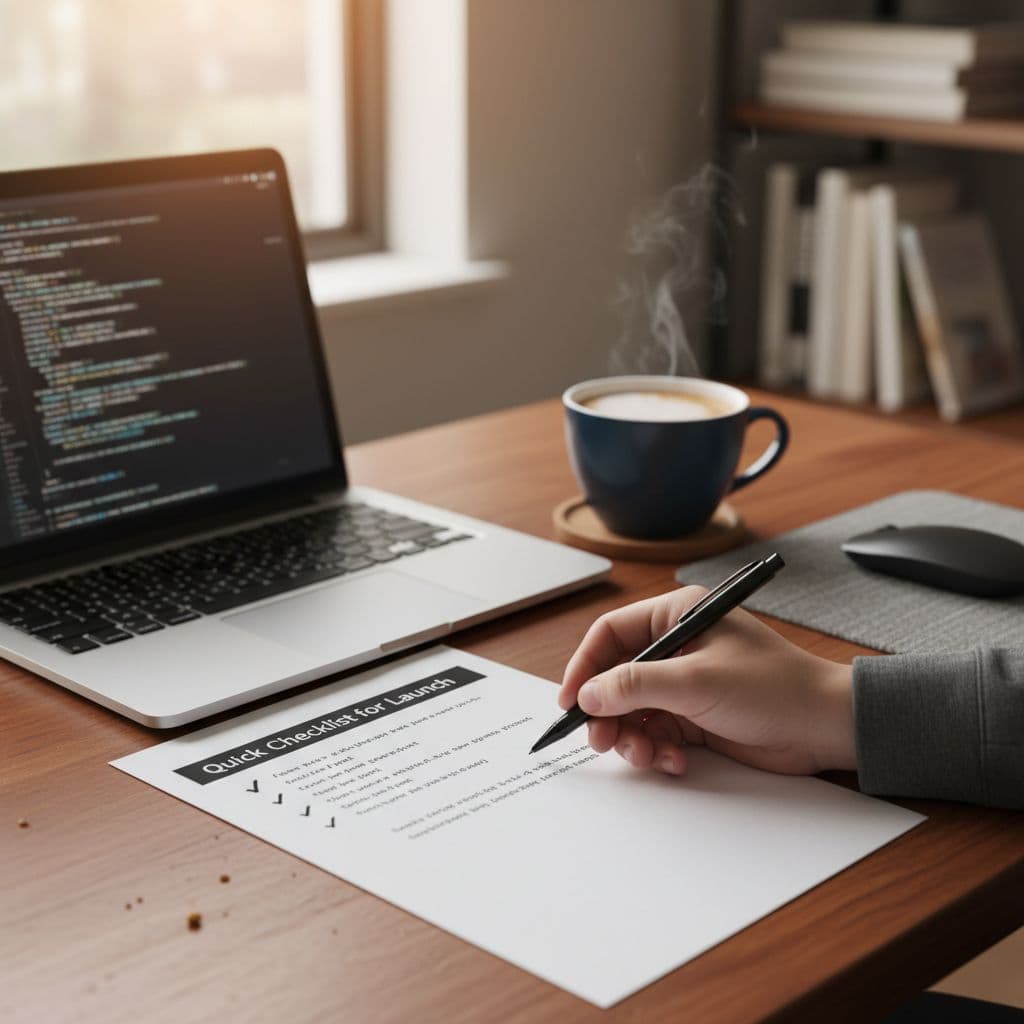 A photorealistic cozy desk setup features a hand checking off two items on a paper checklist next to a laptop with blurred AI code snippets and a nearby coffee mug, under warm lighting, with no readable text or extra elements.