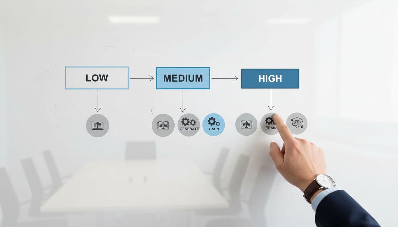 Whiteboard flowchart in conference room shows low, medium, high access levels with permission icons; one hand points at it.