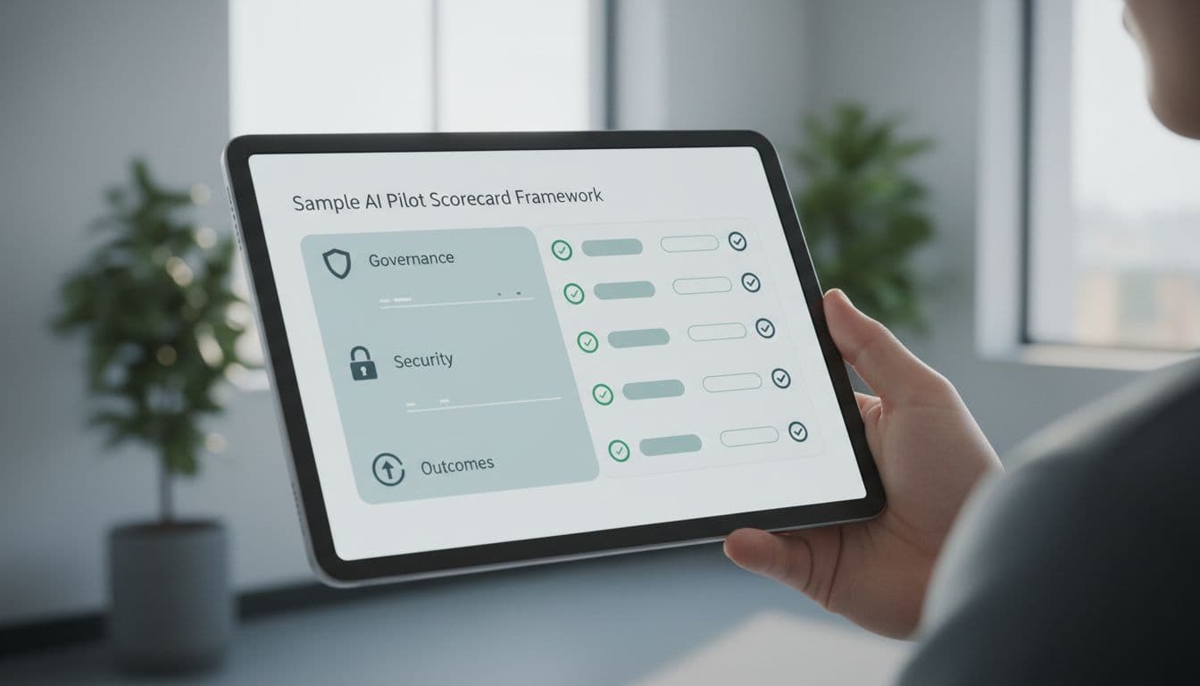Hand holds tablet in office displaying clean grid scorecard with category icons.