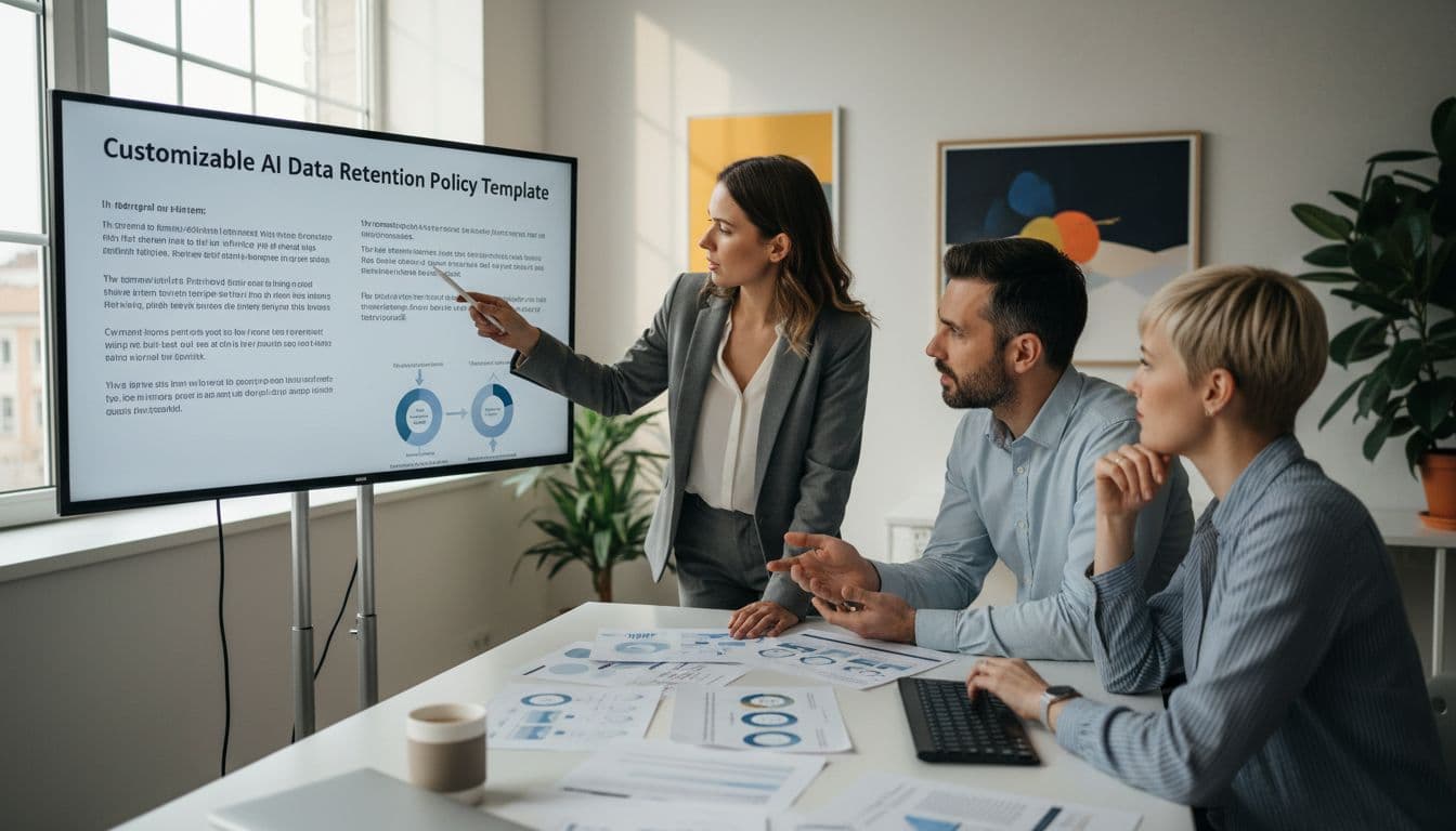 A professional team of three people in a modern office collaboratively reviews and customizes an AI data retention policy template on a shared screen and papers, with one person pointing to a section, in a realistic style with natural daylight.