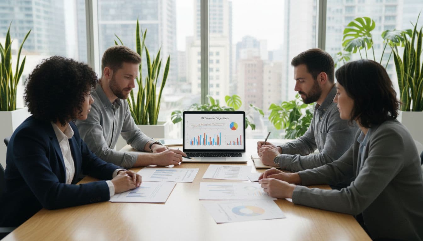 Four diverse professionals examine charts on laptop and documents at a conference table in modern office.