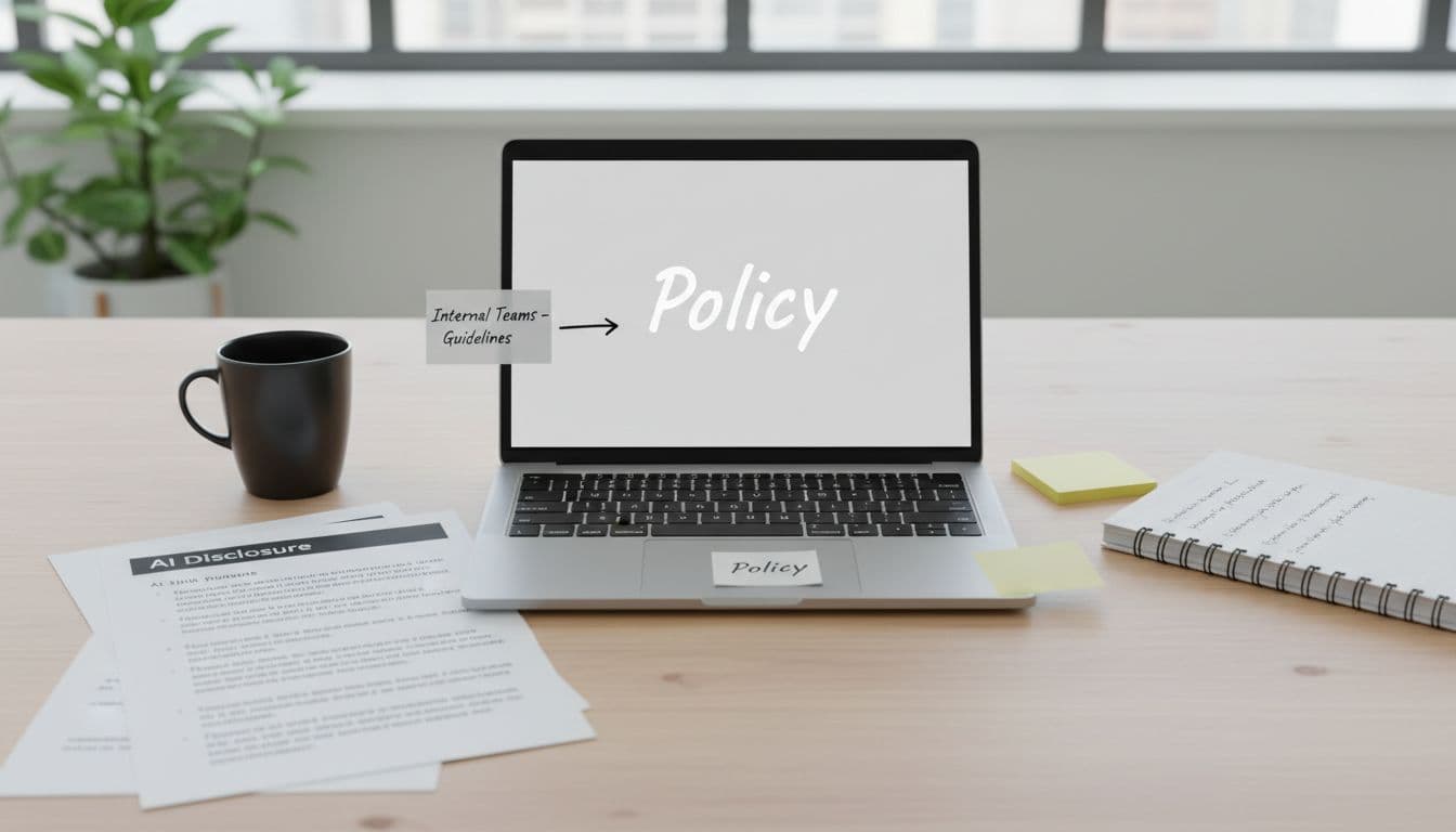 Top-down view of modern office desk with laptop open to policy template, notes, coffee mug, and notepad.